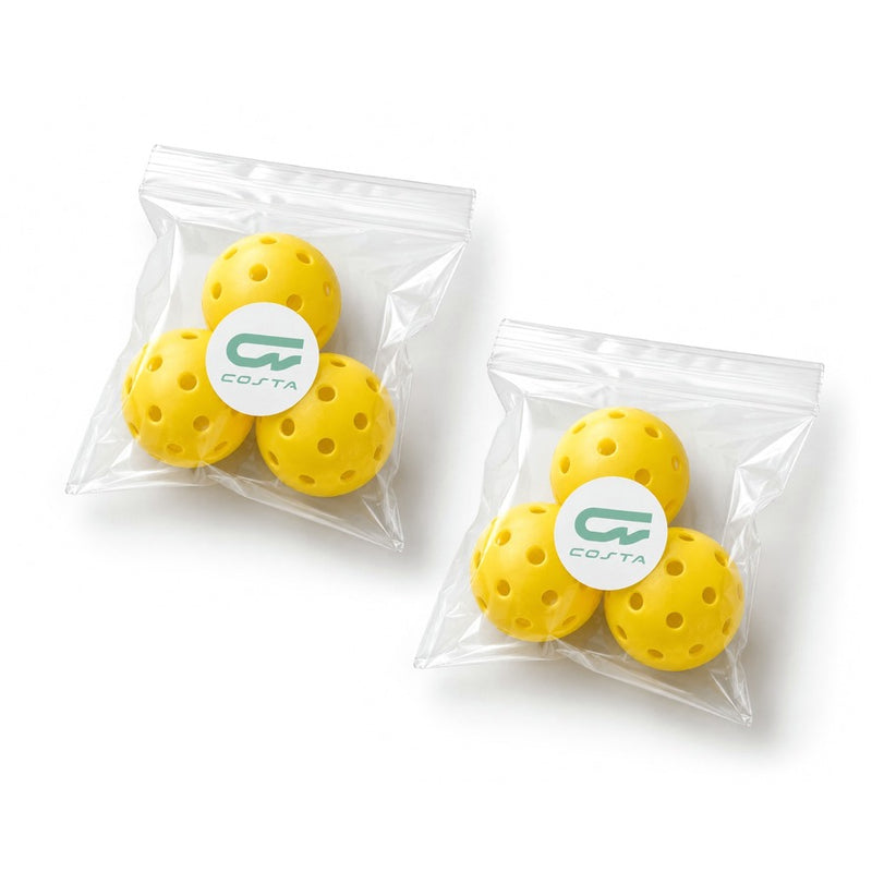 Costa Court Pack with six yellow outdoor pickleballs in two Costa-branded bags