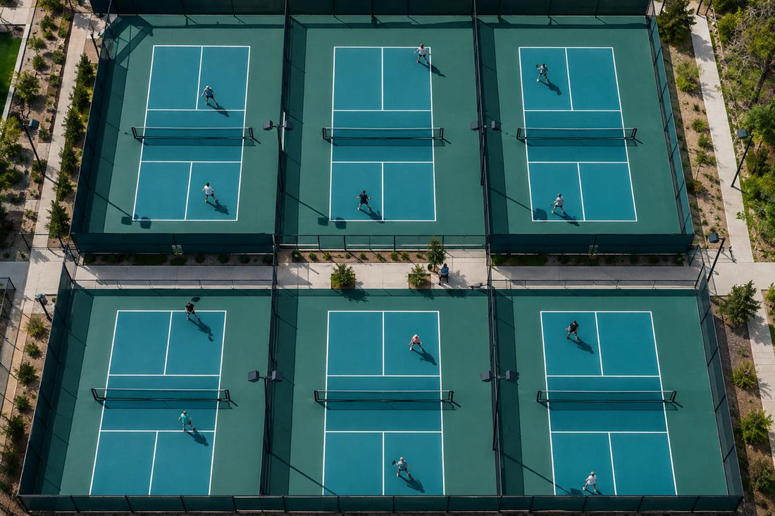 Aerial view of six pickleball courts with players in motion