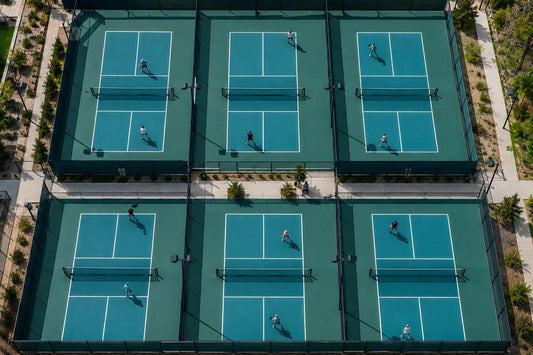 Aerial view of six pickleball courts with players in motion
